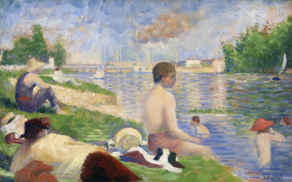 Painting by Georges Seurat and they are enjoying day out on the water.